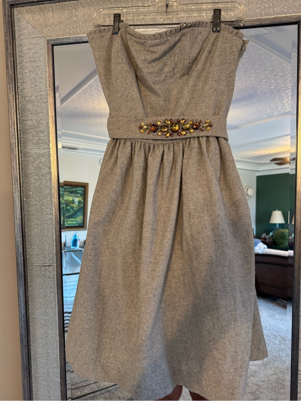 Banana Republic Grey Wool Strapless Dress with Amber Jewel Belt